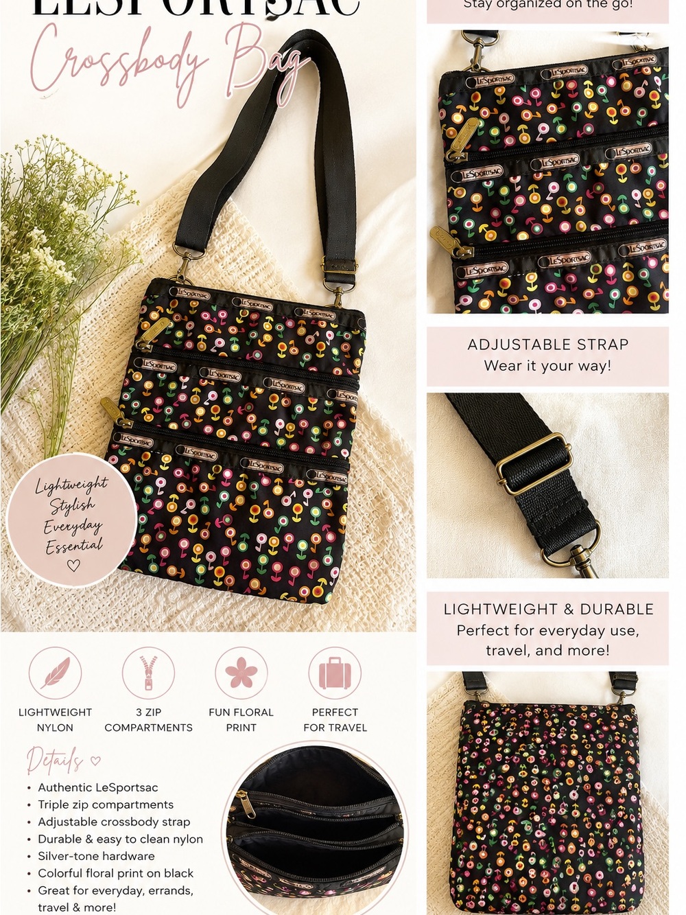 LeSportsac Black Crossbody Bag with Multicolor Floral Print